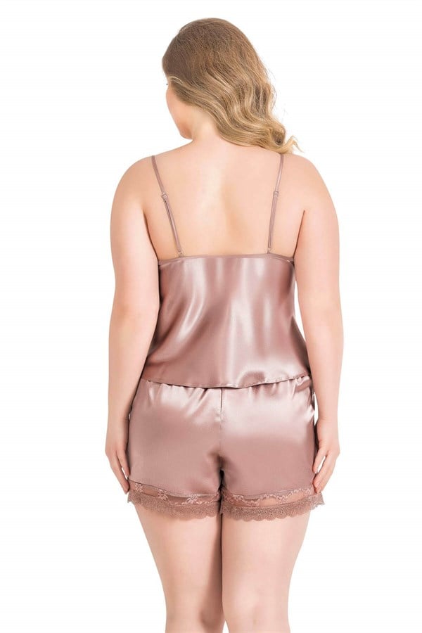 Arias Dolap Büyük Beden Vizon Saten Babydoll Şort Takımı