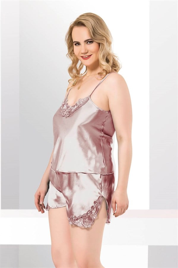 Arias Dolap Büyük Beden Vizon Saten Babydoll Şort Takımı