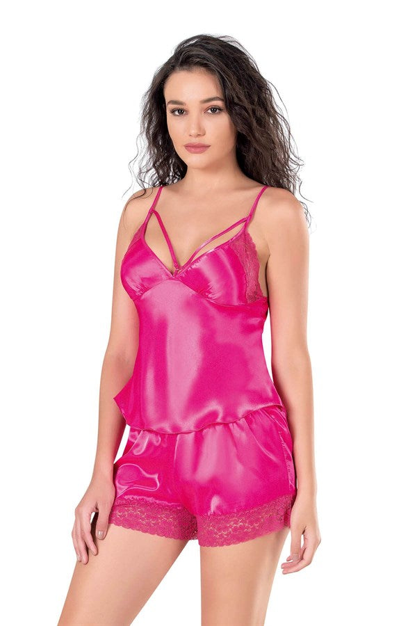 Arias Klozet Fuşya Saten Babydoll Şort Takımı