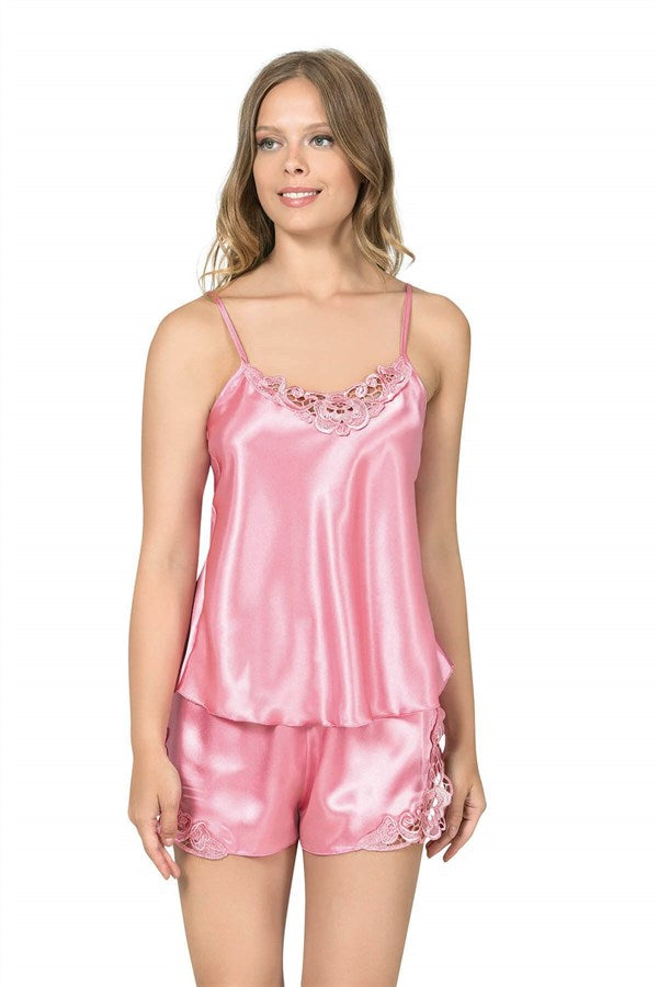 Arias Dolap Koyu Pembe Saten Babydoll Şort Takım